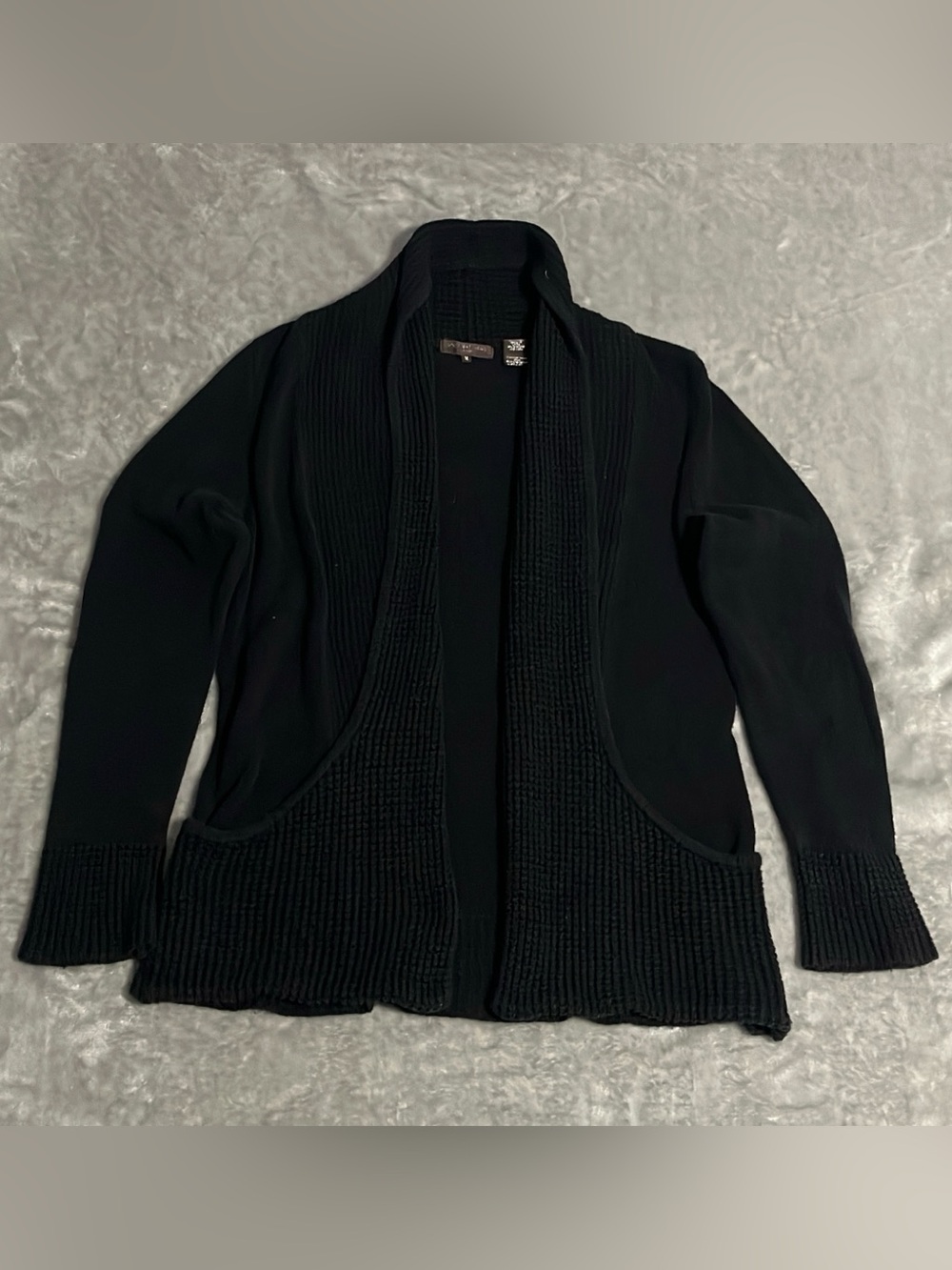 Linda Mathews Womens Size Medium Black Chunky Knit Open Front Cardigan Sweater